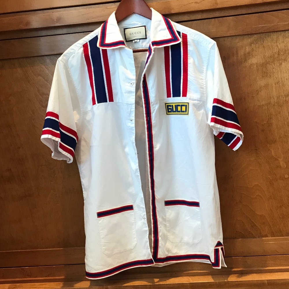GUCCI WHITE RETRO VIBES LOGO PATCH BOWLING SHIRT - Picture 5 of 15
